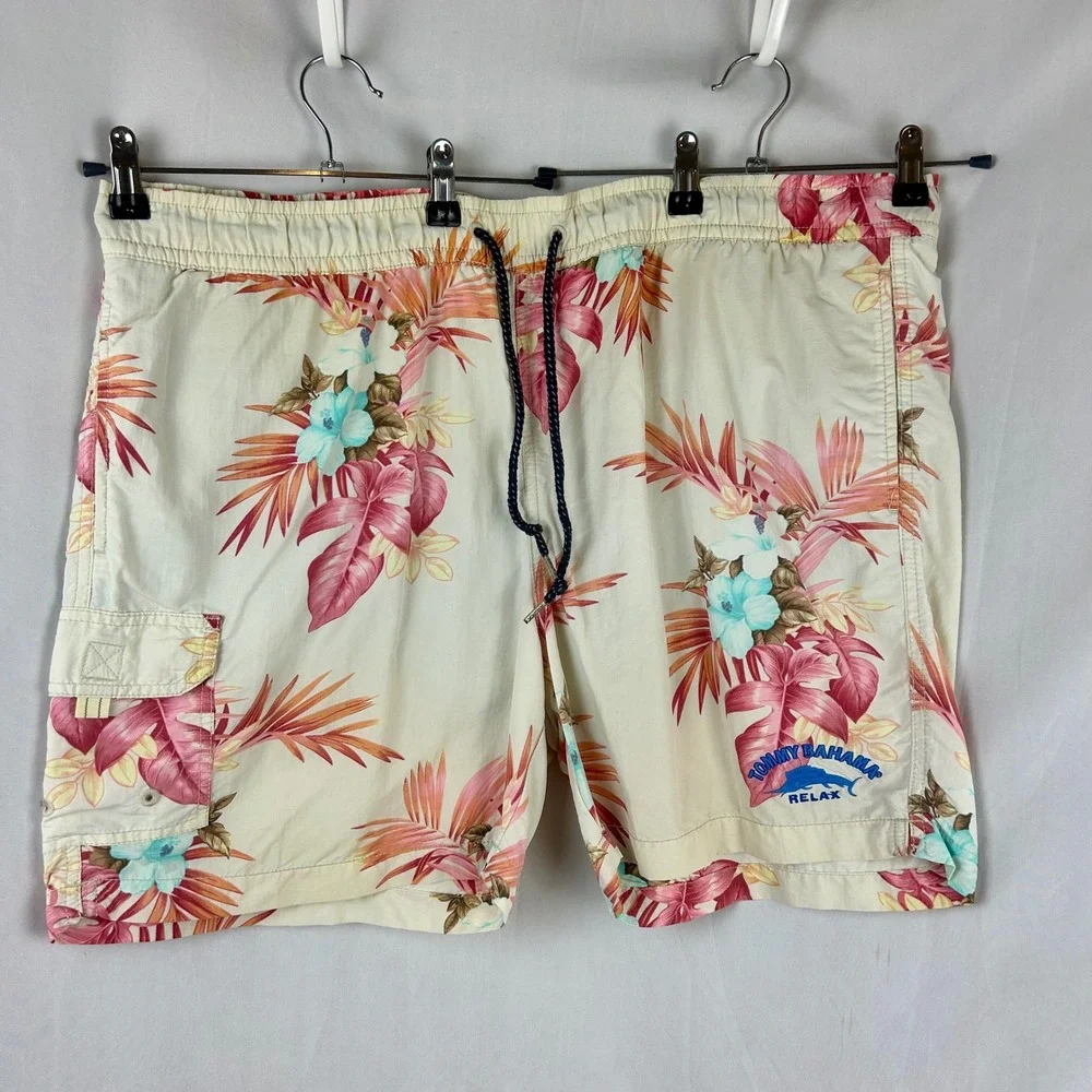 Tommy Bahama Relax Mens XL Swim Trunks‎ Tropical Floral Cargo Board Shorts Cream